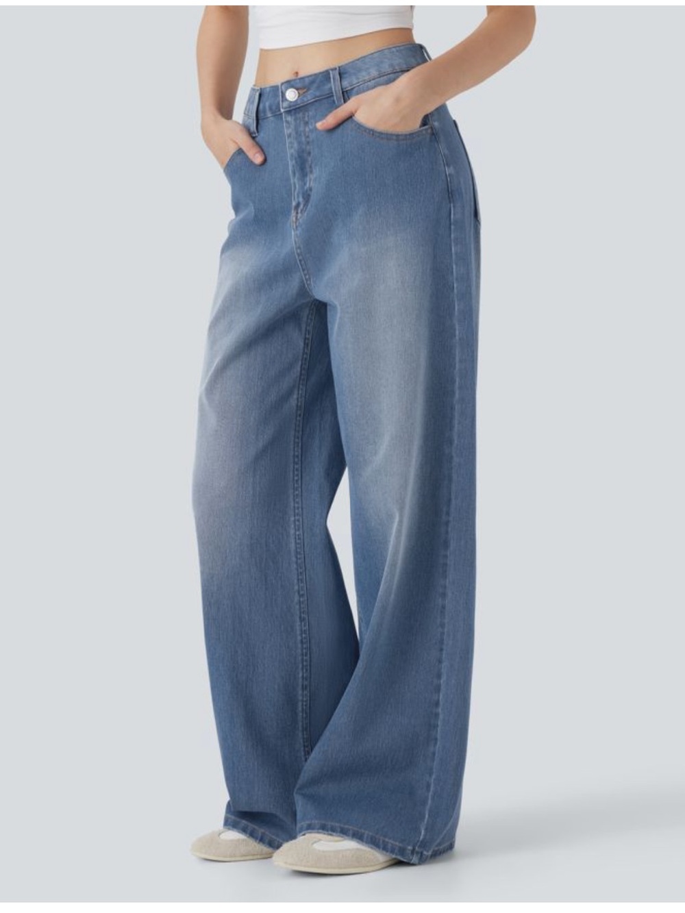 Halara Flex Mid Rise Washed Casual Baggy Jeans with Pockets - Size L